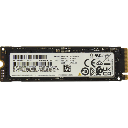 Твердотельный накопитель/ Samsung SSD PM9A1, 512GB, M.2(22x80mm), NVMe, PCIe 4.0 x4, R/ W 6900/ 5000MB/ s, IOPs 800 000/ 800 000 (12 мес.) (MZVL2512HCJQ-00B00)