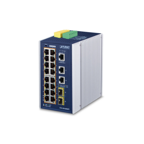 коммутатор/ PLANET IP30 Industrial L2+/ L4 16-Port 1000T 802.3at PoE+ 2-Port 1000T + 2-port 100/ 1000X SFP Full Managed Switch (-40 to 75 C, dual redundant power input on 48~56VDC terminal block, DIDO, (IGS-20160HPT)