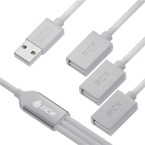 GCR USB Hub 2.0 на 3 порта, 0.35m, гибкий, AM / 3 х AF, белый, GCR-53354