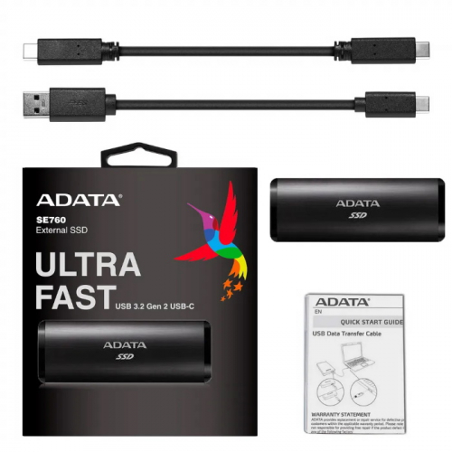 Внешний твердотельный накопитель SSD 256GB A-DATA SE760, External, USB 3.2 Type-C, R/ W -1000/ - MB/ s, 3D-NAND (ASE760-256GU32G2-CBK) фото 3