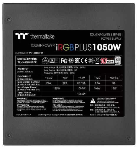 Блок питания Thermaltake ATX 1050W Toughpower iRGB Plus 80+ platinum 24+2x(4+4) pin APFC 140mm fan color LED 12xSATA Cab Manag RTL (PS-TPI-1050F2FDPE-1) фото 3