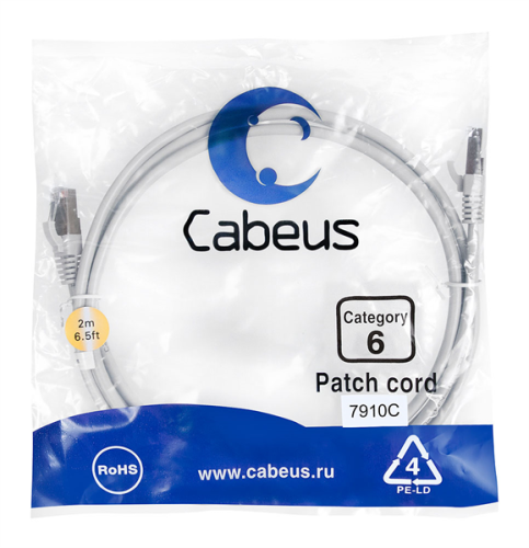 Cabeus PC-FTP-RJ45-Cat.6-2m-LSZH Патч-корд F/ UTP, категория 6, 2xRJ45/ 8p8c, экранированный, серый, LSZH, 2м