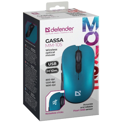 *Мышка Defender GASSA MM-105 USB OPTICAL WRL TURQUOISE (52102) фото 4