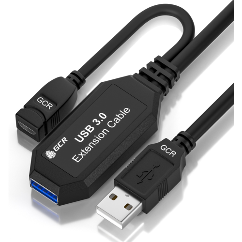 GCR Удлинитель активный 5.0m USB 3.0, AM/ AF, OD:5.0mm, черный, с усилителем сигнала, доп.питание micro, 44-050608