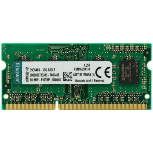 Модуль памяти Kingston KVR16LS11/4, DDR3L SODIMM 4GB 1600MHz, PC3-12800Mb/s, CL11, 1.35V, DRx4 (KVR16LS11/4)