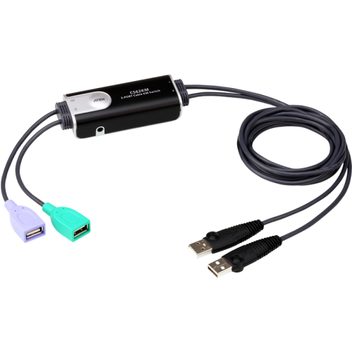 Переключатель, электрон., KVM+Audio, 1 user USB+VGA => 2 cpu USB+VGA, со встрШнурами USB 2x1.2м., 2048x153KVM-переключатель ATEN CS62KM [CS62KM-AT] кабельный, 2 порта, USB, функция Boundless Switchi