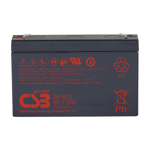 Батарея CSB серия GP, GP672, напряжение 6В, емкость 7.2Ач (разряд 20 часов), макс. ток разряда (5 сек.) 100/ 130А, ток короткого замыкания 259А, макс. ток заряда 2.16A, свинцово-кислотная типа AGM, кле