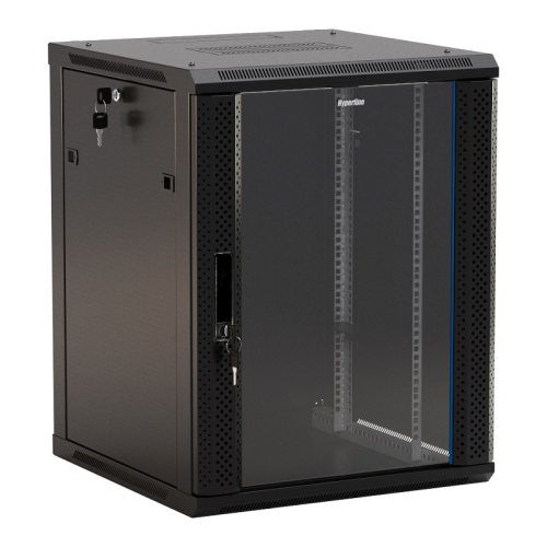 Шкаф Hyperline Hyperline TWB-0666-GP-RAL9004 Шкаф настенный 6U 367x600х600мм, стеклянная дверь с перфорацией по бокам, ручка с замком, цвет черный (RAL 9004) (разобранный) (075000)