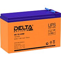 Батарея DELTA серия HR-W, HR 12-24 W, напряжение 12В, емкость 6Ач (разряд 20 часов), макс. ток разряда (5 сек.) 90А, макс. ток заряда 1.8А, свинцово-кислотная типа AGM, клеммы F2, ДxШxВ 151х52х94мм.,