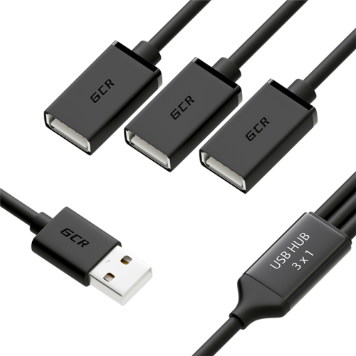 GCR USB Hub 2.0 на 3 порта, 0.35m, гибкий, AM / 3 х AF, черный, GCR-51864