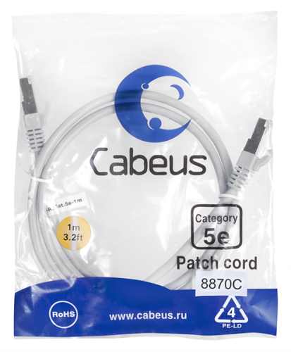 Cabeus PC-FTP-RJ45-Cat.5e-1m-LSZH Патч-корд F/ UTP, категория 5е, 2xRJ45/ 8p8c, экранированный, серый, LSZH, 1м