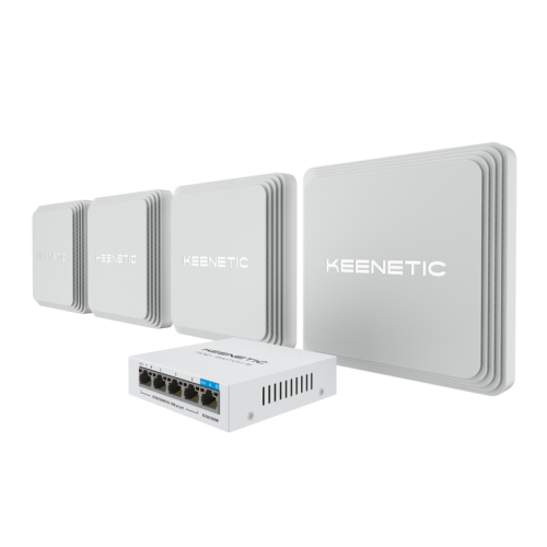 Маршрутизатор/ Набор Keenetic Orbiter Pro 4-Pack Гигабитный интернет-центр с Mesh Wi-Fi 5 AC1300, 2-портовым Smart-коммутатором, переключателем режима роутер/ ретранслятор и питанием Power over Etherne (KEENETIC ORBITER PRO 4-PACK + POE+ SWITCH 5 BUNDLE)