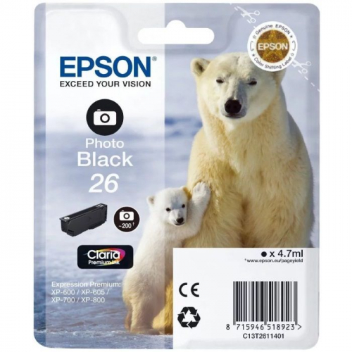 Картридж струйный Epson C13T26114012, фото черный, 200 стр., для Epson XP-600/605/700/710/800