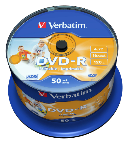 Verbatim Диски DVD-R 4.7Gb 16х, Wide Photo InkJet Printable, 50шт, Cake Box (/ 43649) (43533)