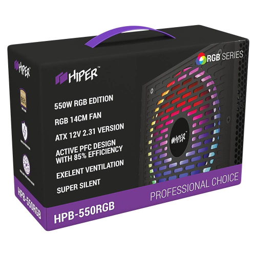 Блок питания HIPER HPB-550RGB (ATX 2.31, 550W, ActivePFC, RGB 140mm fan, Black) 85+, BOX фото 3