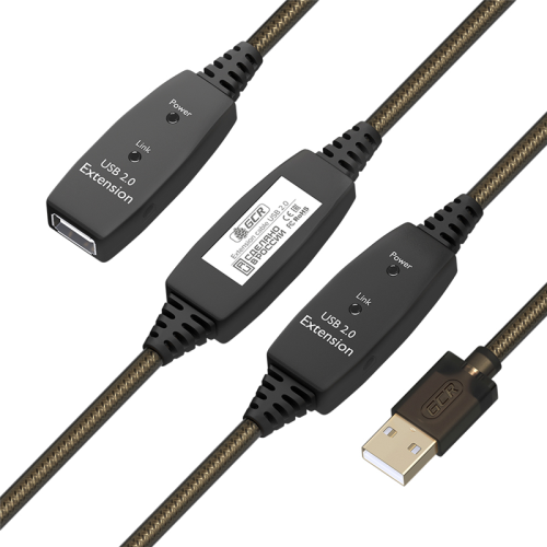 GCR Удлинитель активный 25.0m USB 2.0 AM/AF, GOLD, черно-прозрачный, с 3-мя усилителями сигнала Premium, разъём для доп.питания, 24/22 AWG (GCR-53809)