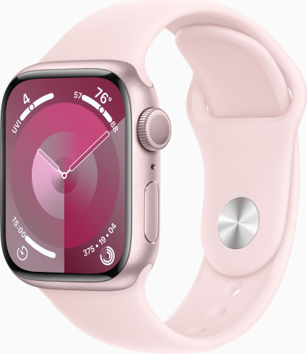 Смарт-часы Apple Watch Series 9 A2978 41мм OLED корп.розовый Sport Band рем.светло-розовый разм.брасл.:150-200мм (MR943LL/ A) (MR943LL/A)