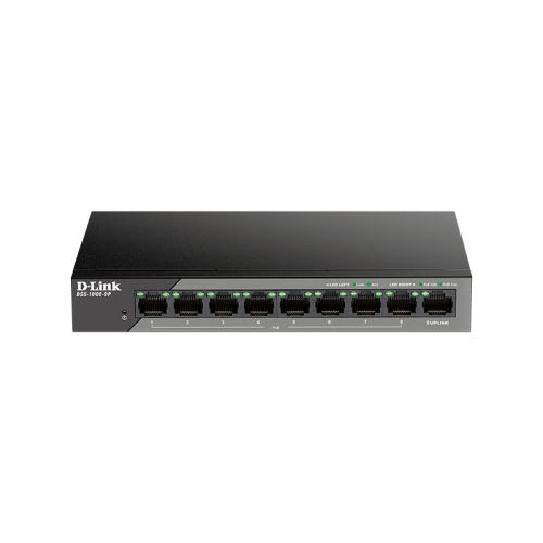 D-Link Unmanaged Surveillance Switch 8x100Base-TX PoE, 1x1000Base-T, Surge 6KV, PoE Budget 92W, Long-range PoE up to 250m, metal case (DSS-100E-9P/ B1A) (DSS-100E-9P/B1A)