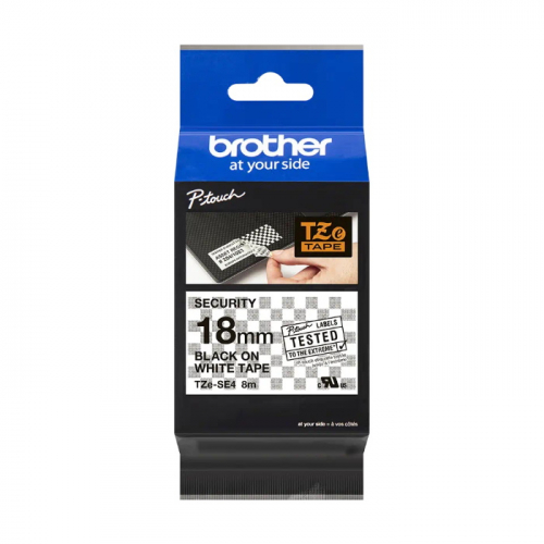 Картридж ленточный Brother TZESE4 лента для печати наклеек, черным на белом фоне, 18 мм x 8 м для D450/ E300/ D600/ 2700/ P700/ E550/ 9700/ P900