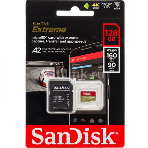 Карта памяти microSD 128GB SanDisk microSDXC Class 10 UHS-I A2 C10 V30 U4 Extreme (SD адаптер) 160MB/ s (SDSQXA1-128G-GN6MA) фото 2