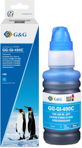 Чернила G&G GG-GI-490C GI-490 голубой 70мл для Canon Pixma G1400/ G2400/ G3400/ G4400