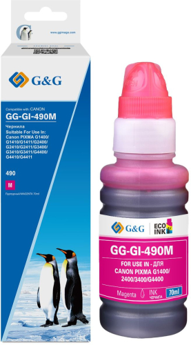Чернила G&G GG-GI-490M GI-490 пурпурный 70мл для Canon Pixma G1400/ G2400/ G3400/ G4400
