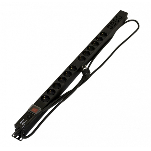 Сетевой фильтр Hyperline Hyperline SHE-12SH-4IEC-SF-2.5EU Блок розеток, вертикальный, 12 розеток Schuko, 4 розетки IEC320 C13, выкл. с подсветкой, защита от перенапряжения, кабель питания 2.5м (3х1.5мм2) с вилкой Schuko 16A, 250В, 950x44.4x44.4мм (ДхШхВ),