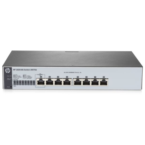 Коммутатор HP 1820-8G Switch (8 ports 10/ 100/ 1000, WEB-managed, fanless, desktop, can be powered with PoE) (J9979A#ABB)